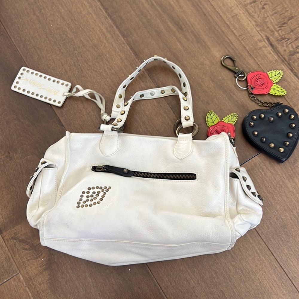 Betsy Johnson Heartbreaker Bowler bag in white.